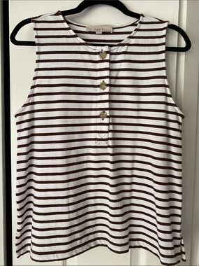 LOFT White and Brown Striped Sleeveless Button-Up Tank